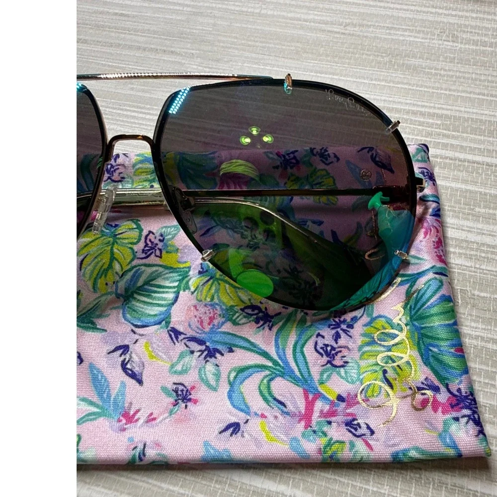 Lilly Pulitzer Adelia Polarized Sunglasses Gold Aviator Purple Floral Pouch 66mm